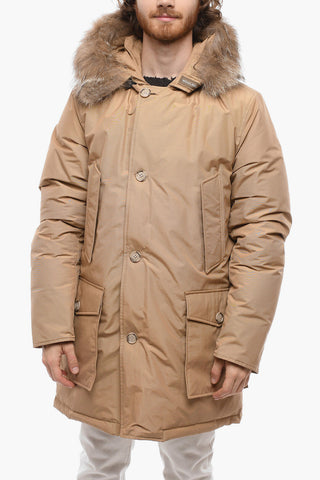 Cotton and Nylon Down Jacket with Real Fur and Logoed-Buttons