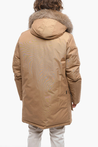 Cotton and Nylon Down Jacket with Real Fur and Logoed-Buttons