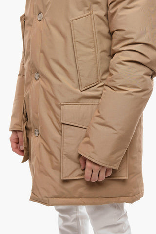 Cotton and Nylon Down Jacket with Real Fur and Logoed-Buttons