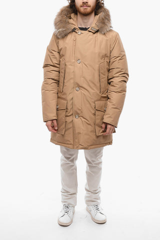 Cotton and Nylon Down Jacket with Real Fur and Logoed-Buttons