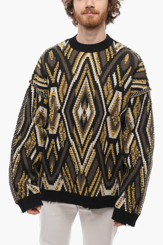 Crew Neck Cashmere Blend Pullover with Geometric Motif