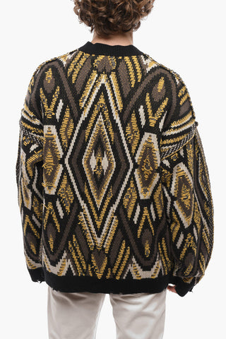 Crew Neck Cashmere Blend Pullover with Geometric Motif