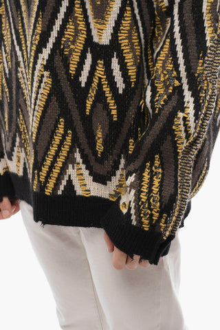 Crew Neck Cashmere Blend Pullover with Geometric Motif