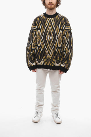 Crew Neck Cashmere Blend Pullover with Geometric Motif