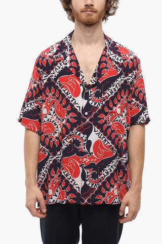 Camicia Camp Collar in Seta con Motivo Geometrico
