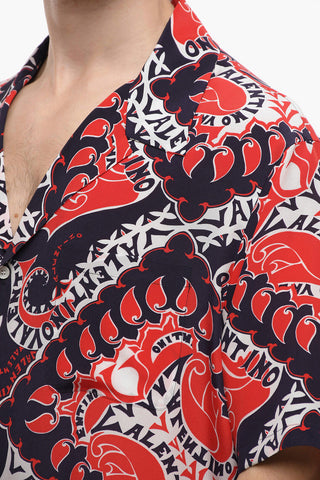 Camicia Camp Collar in Seta con Motivo Geometrico