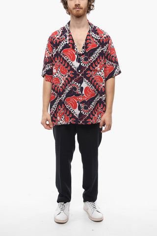 Camicia Camp Collar in Seta con Motivo Geometrico