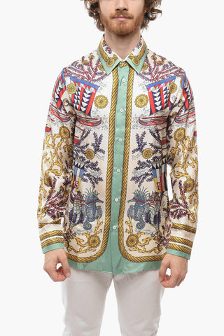 Camicia in Seta con Motivo Sealife e Collo Francese