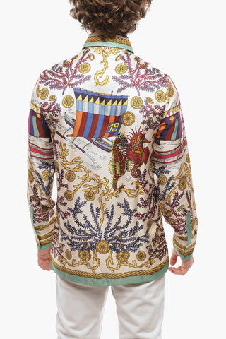 Camicia in Seta con Motivo Sealife e Collo Francese