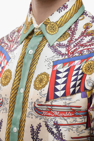 Camicia in Seta con Motivo Sealife e Collo Francese