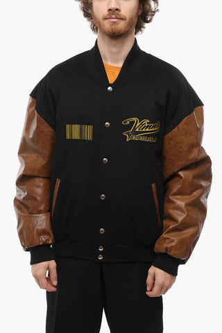 VTMNTS Leather Sleeve Wool Bomber Jacket with Embroidered Logo