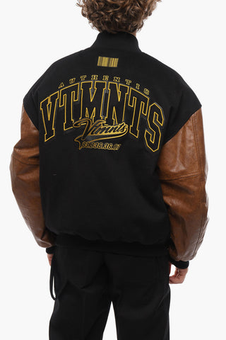 VTMNTS Leather Sleeve Wool Bomber Jacket with Embroidered Logo