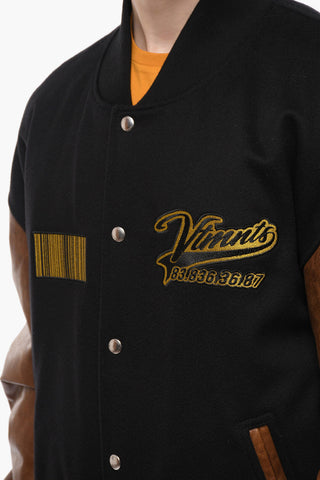 VTMNTS Leather Sleeve Wool Bomber Jacket with Embroidered Logo