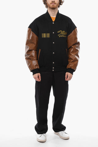 VTMNTS Leather Sleeve Wool Bomber Jacket with Embroidered Logo