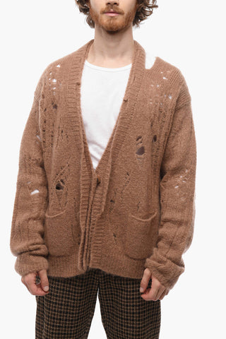 UNISEX 1 Button Distressed Mohair Blend Cardigan