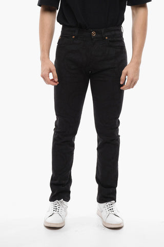 5 Pocket Jacquard Cotton Blend Pants with Golden Buttons