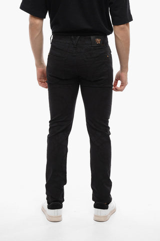 5 Pocket Jacquard Cotton Blend Pants with Golden Buttons