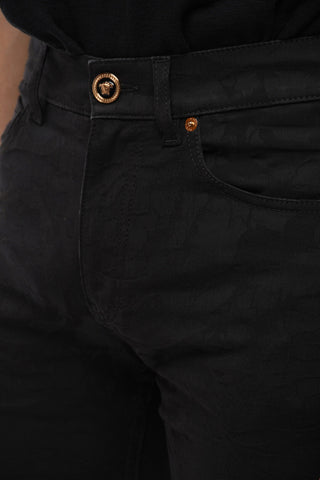 5 Pocket Jacquard Cotton Blend Pants with Golden Buttons