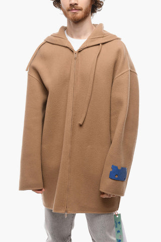 Cappotto in Misto Lana con Cappuccio e Chiusura a Zip