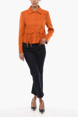 Cashmere Blend Cropped Fit Coat with Fringed Detail