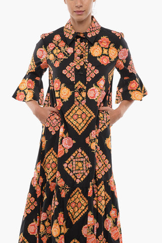 Floral Pattern Shirtdress COWGIRL with Flounce and Lantern Sleeves