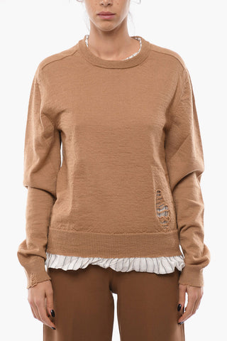 MM4 Double-layered Crew Neck Sweater with Distressed Details