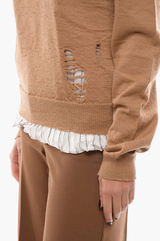 MM4 Double-layered Crew Neck Sweater with Distressed Details