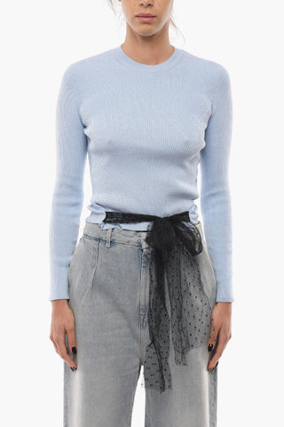 Maglia Girocollo a Costine con Banda in Tulle Point D'Esprit