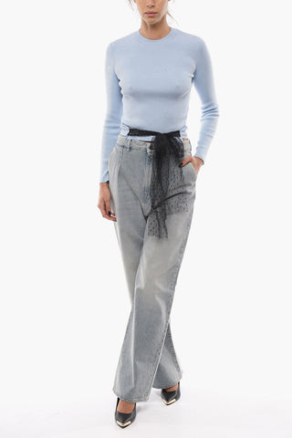 Maglia Girocollo a Costine con Banda in Tulle Point D'Esprit