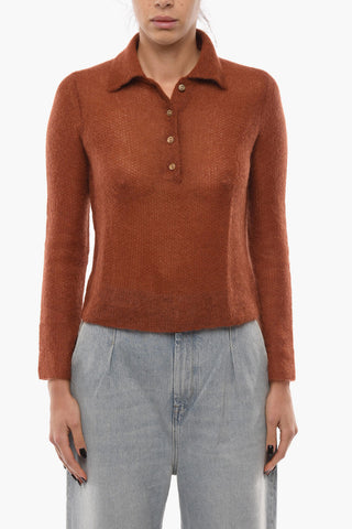 Mohair-blend Sheer Sweater with Polo Collar