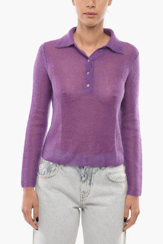 Mohair-blend Sheer Sweater with Polo Collar
