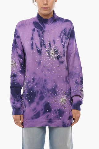 Turtleneck Tie Dye Wool Pullover with Crystals