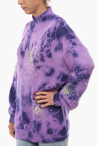 Turtleneck Tie Dye Wool Pullover with Crystals