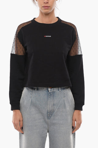 Felpa Girocollo Crop con Dettagli a Pois e in Tulle