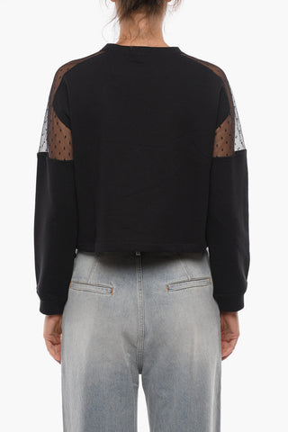 Felpa Girocollo Crop con Dettagli a Pois e in Tulle