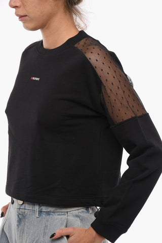 Felpa Girocollo Crop con Dettagli a Pois e in Tulle