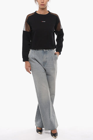 Felpa Girocollo Crop con Dettagli a Pois e in Tulle