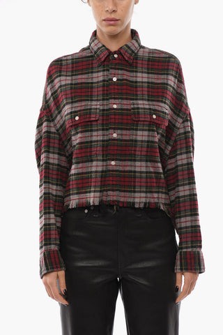 Plaid Motif Asymmetrical Shirt with Frayed Edge