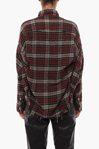 Plaid Motif Asymmetrical Shirt with Frayed Edge