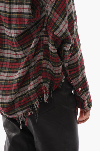 Plaid Motif Asymmetrical Shirt with Frayed Edge