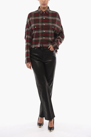 Plaid Motif Asymmetrical Shirt with Frayed Edge