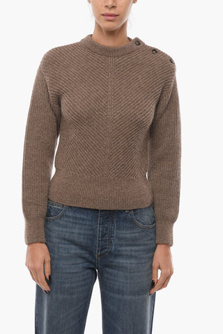 Chevron Motif Alpaca Crew-Neck Sweater with 3-Buttons
