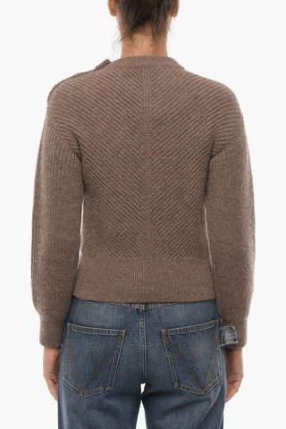 Chevron Motif Alpaca Crew-Neck Sweater with 3-Buttons