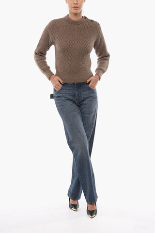 Chevron Motif Alpaca Crew-Neck Sweater with 3-Buttons