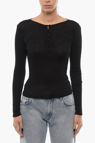 Merino-blend Semi-sheer Sweater with Buttons