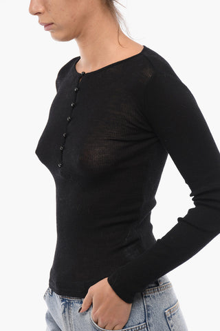 Merino-blend Semi-sheer Sweater with Buttons