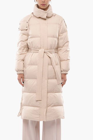 Long Belted Puffer Jacket With Side Zip