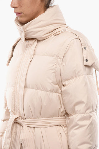 Long Belted Puffer Jacket With Side Zip