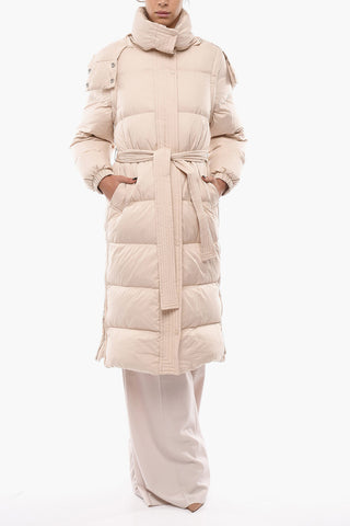 Long Belted Puffer Jacket With Side Zip