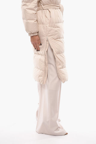 Long Belted Puffer Jacket With Side Zip